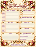 A printed weekly reflection and planning sheet titled 'Held Through the Week' with floral border artwork. The page includes sections for Week at a Glance, Top 3 for the Week, Scripture for the Week, Meal Plan, Prayer List, Gratitude, Notes, and Weekly Reflection, plus a Breastplate of Righteousness reference at the bottom.