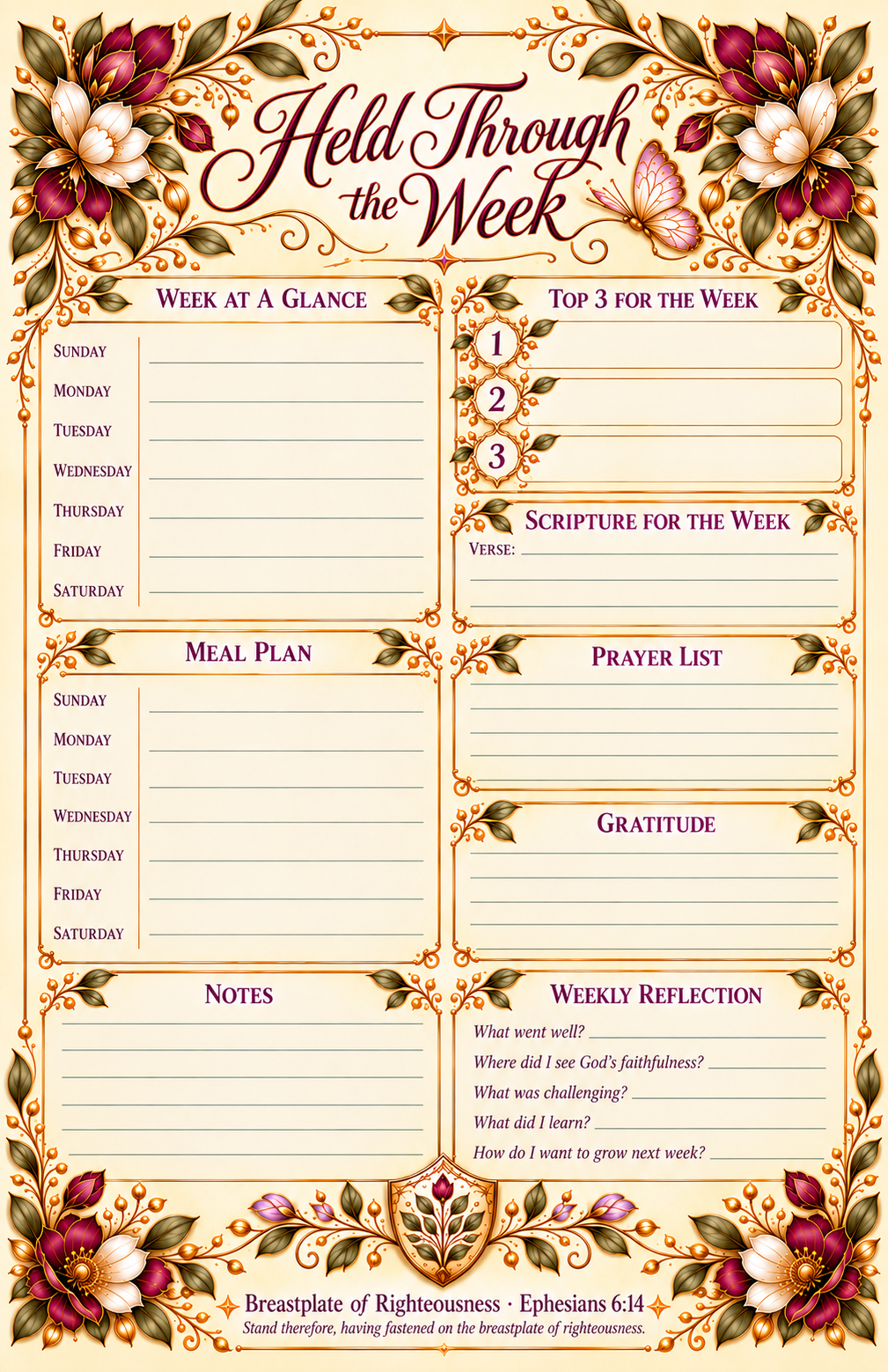 A weekly reflection and planning sheet titled 'Held Through the Week' with floral border illustrations. The page includes sections for a week at a glance, top 3 for the week, scripture for the week, meal plan, prayer list, gratitude, notes, and weekly reflection.
