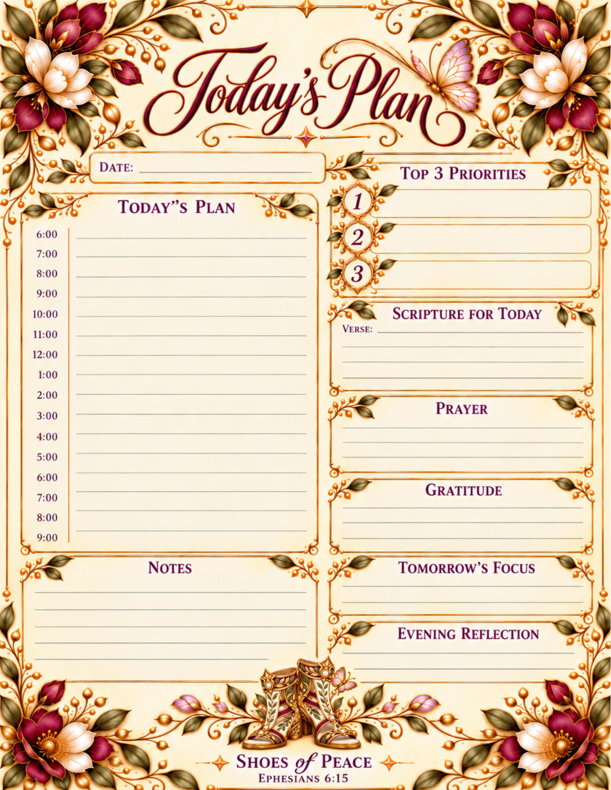A decorative 'Today's Plan' worksheet page with floral borders, time slots, boxes for priorities, scripture, prayer, gratitude, notes, tomorrow's focus, and evening reflection. The brand name 'Shoes of Peace' appears at the bottom.