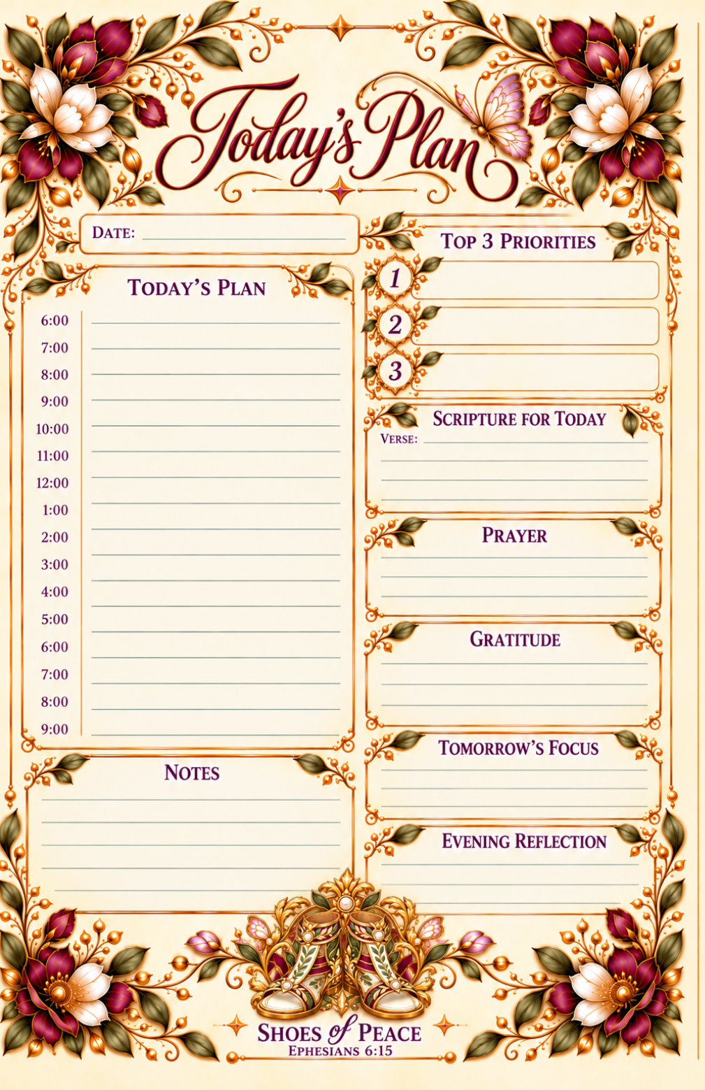 A decorative daily planner page with ornate floral borders and the title 'Today's Plan' at the top. The page includes sections for date, today's plan, top 3 priorities, scripture for today, prayer, gratitude, tomorrow's focus, evening reflection, and notes.